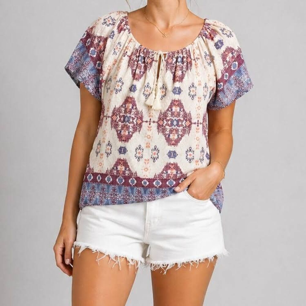 NWT Lucky Brand Boho Peasant Top Womens XS Tribal Print Tassel Tie Short Sleeve